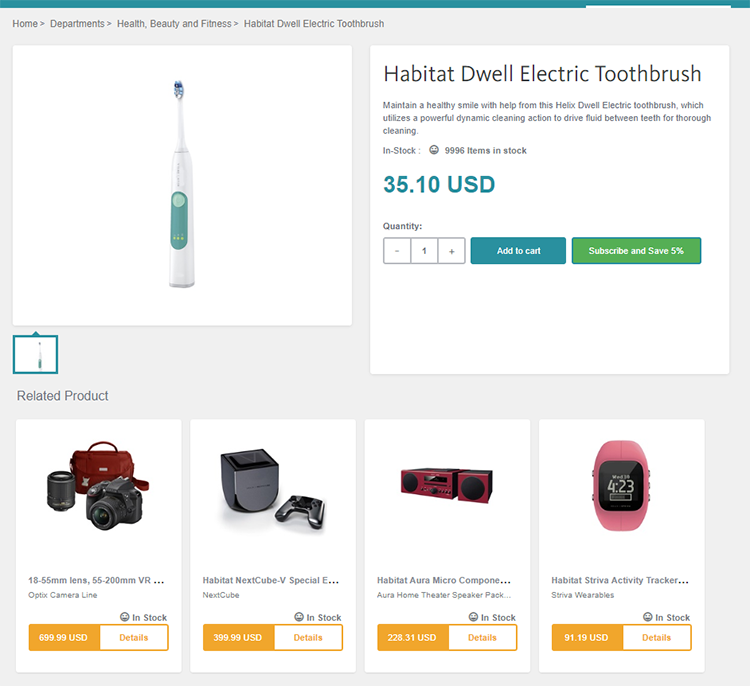 Subscription option showing in Product Display Page with recommended products inside Sitecore Experience Commerce