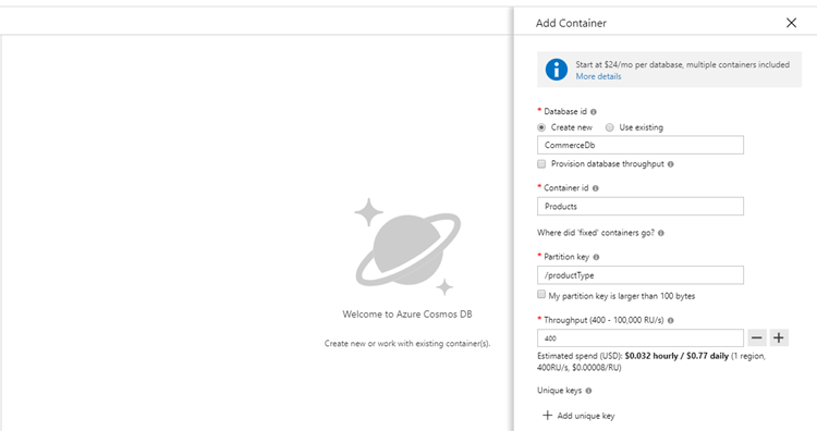 Azure Cosmos DB Create Database and Container