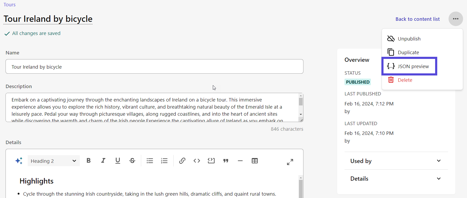 Streamlined interface for editing detail pages