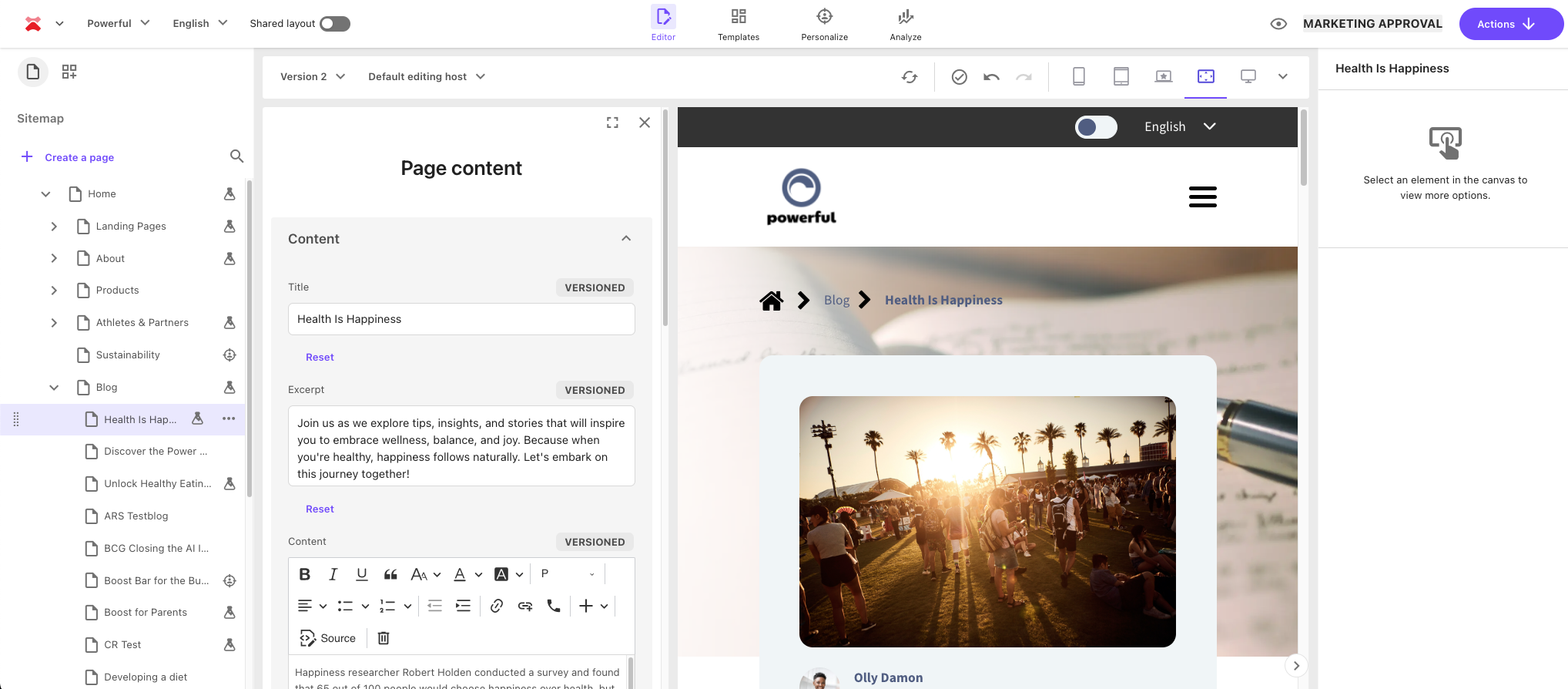 Edit page and content item fields within the page builder
